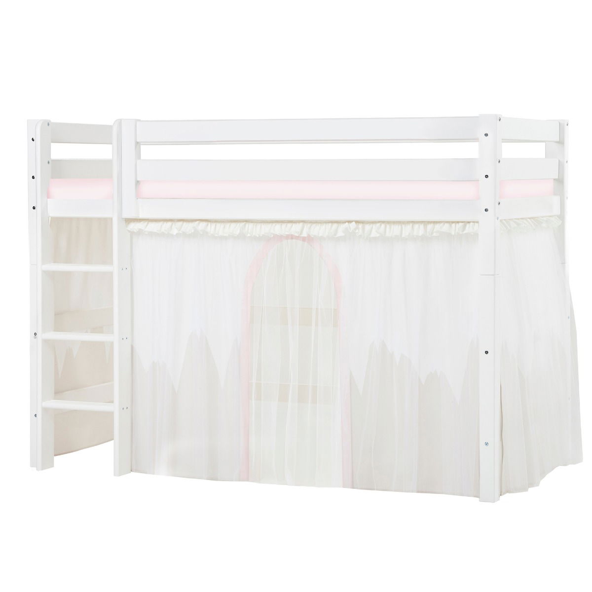 BUNDLE ECO Luxury Mittel-Hochbett 90x200 cm mit WINTER WONDERLAND Vorhang und Schaummatratze