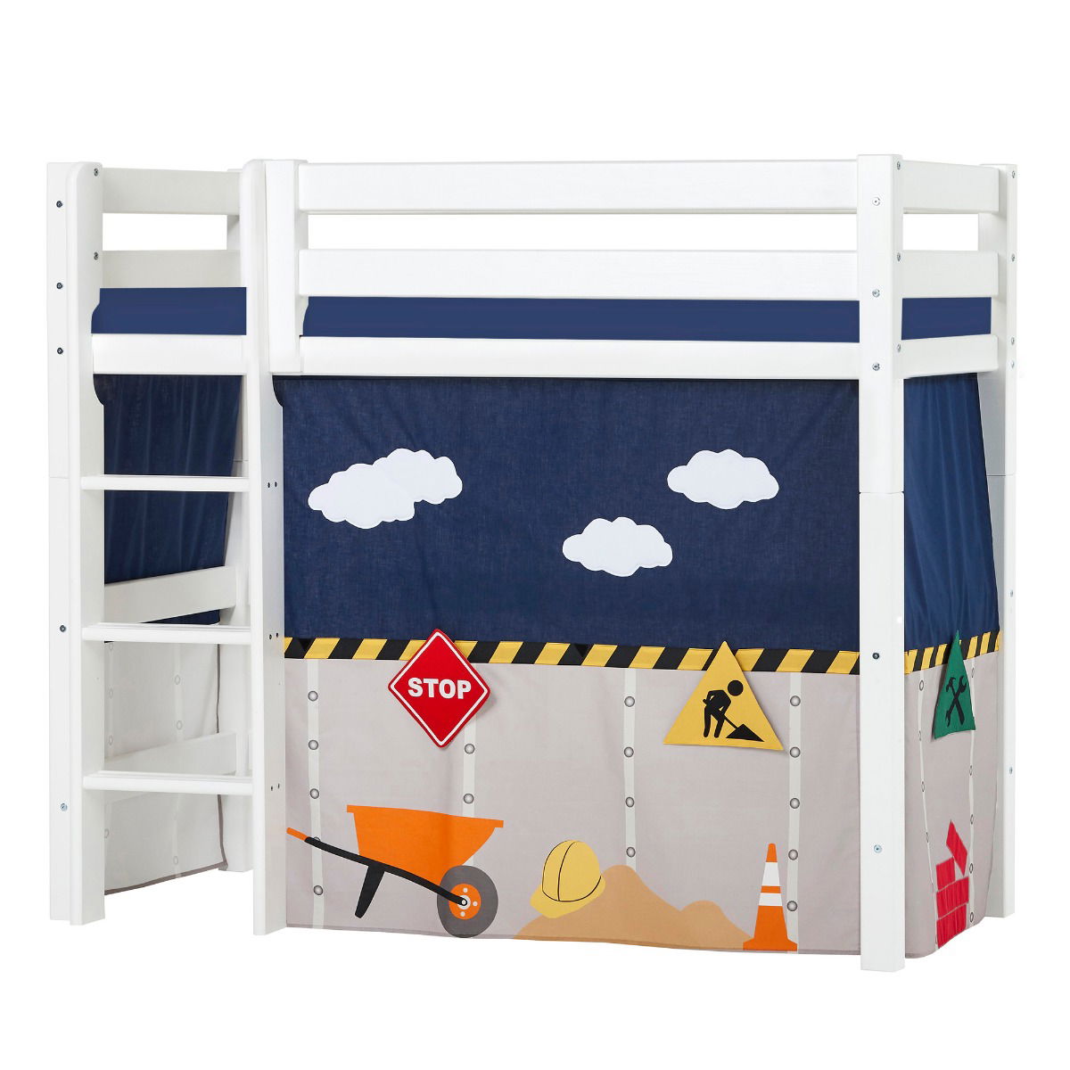 BUNDLE ECO Luxury Mittel-Hochbett 70x160 cm mit CONSTRUCTION-Vorhang und Kaltschaum-Matratze