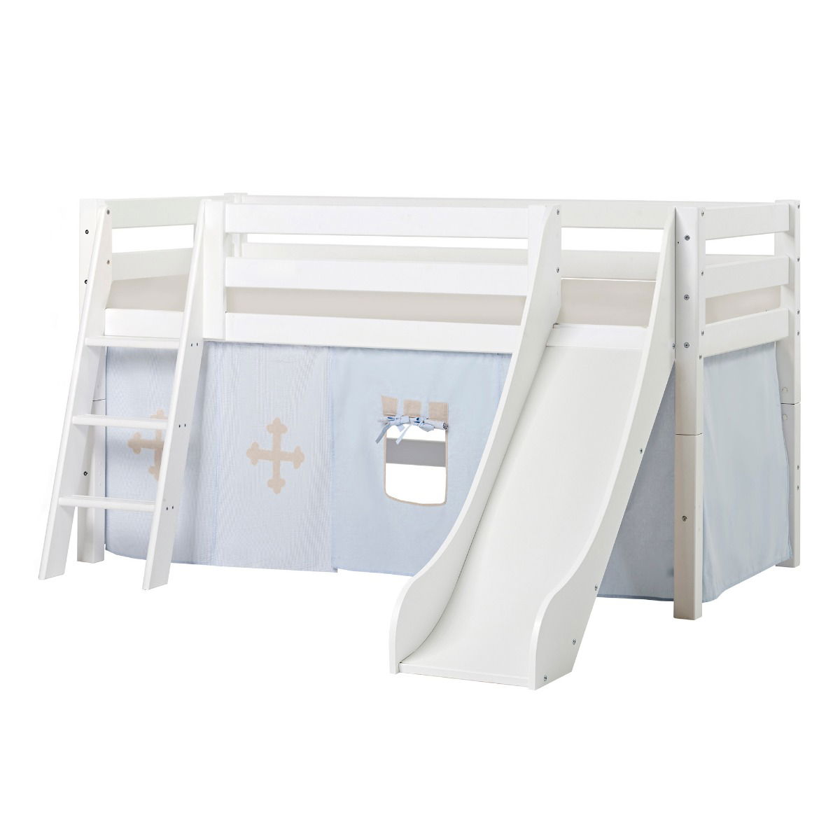 BUNDLE ECO Luxury Halbhochbett 90x200 cm mit schräger Leiter Rutsche mit FAIRYTALE KNIGHT-Vorhang und Kaltschaum-Matratze