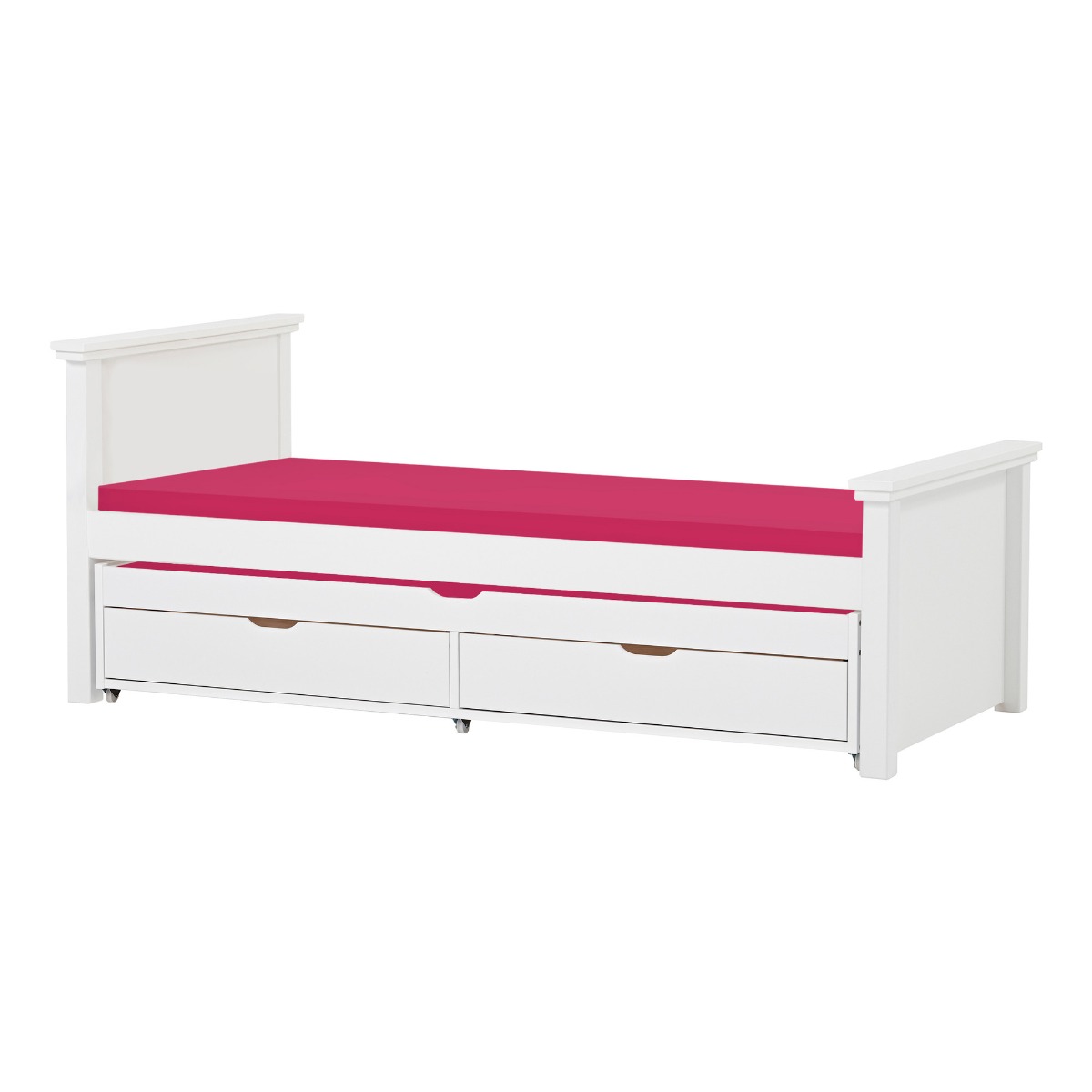 Hoppekids Maja Deluxe Bett 90x200 cm mit hohem und mittelhohem Giebel und Schaum-Matratze und Auszieh-/Gästebett 90x190 cm - Matratzenbezugsfarbe: Pink