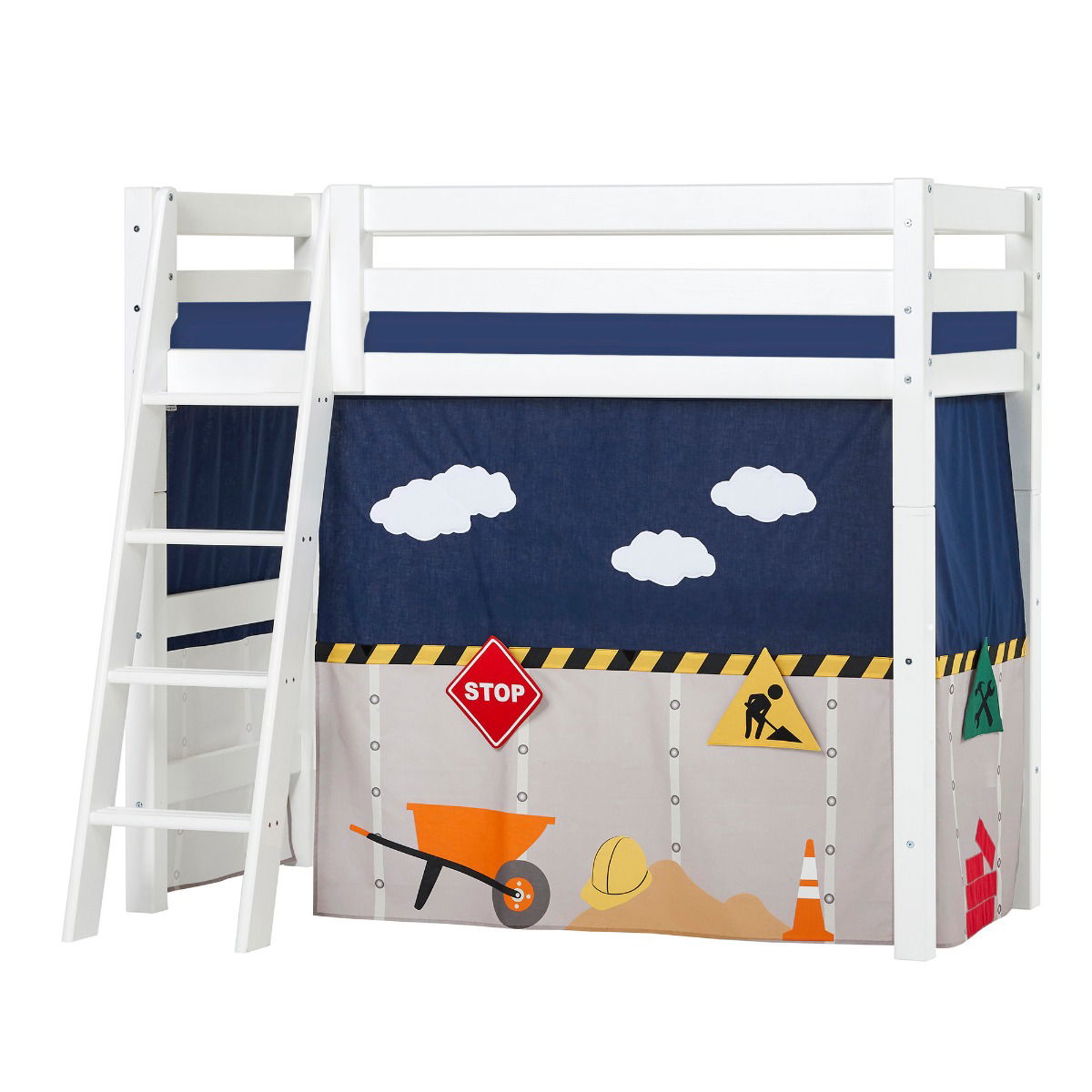 BUNDLE ECO Luxury Mittel-Hochbett 70x160 cm mit schräger Leiter mit CONSTRUCTION-Vorhang und Schaummatratze
