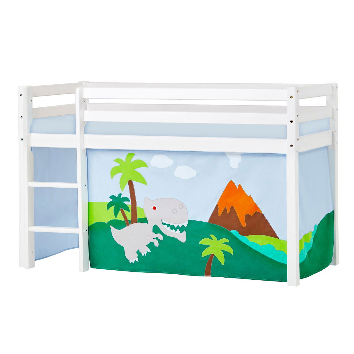 BUNDLE ECO Dream Halbhochbett 70x160 cm (nicht teilbar) mit DINOSAUR Vorhang und Kaltschaum-Matratze