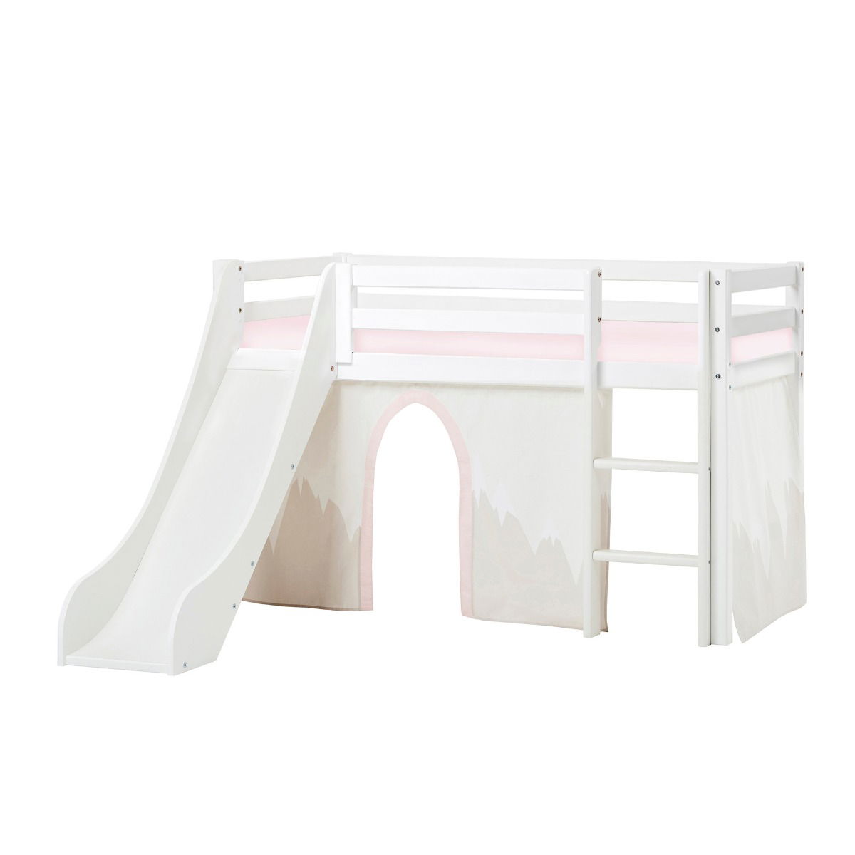 BUNDLE ECO Dream Halbhochbett 70x160 cm (nicht teilbar) mit Rutsche mit WINTER WONDERLAND Vorhang und Schaummatratze