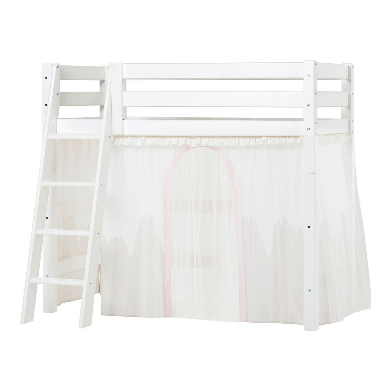 BUNDLE ECO Luxury Mittel-Hochbett 70x160 cm mit schräger Leiter und WINTER WONDERLAND Vorhang