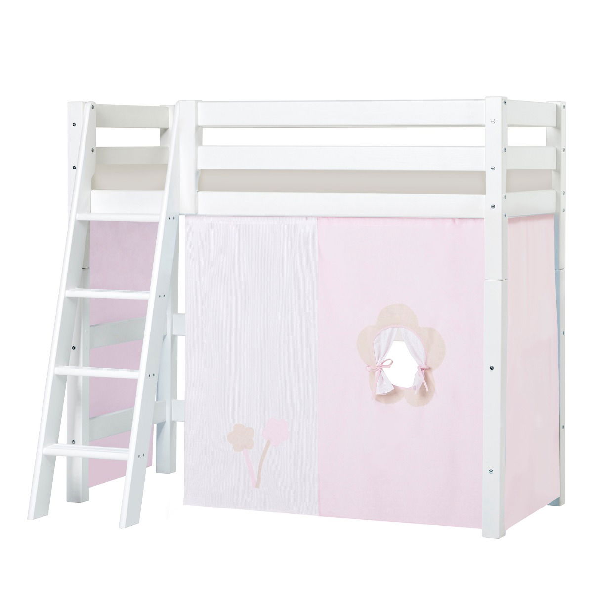 BUNDLE ECO Luxury Mittel-Hochbett 70x160 cm mit schräger Leiter mit FAIRYTALE FLOWER-Vorhang und Schaummatratze