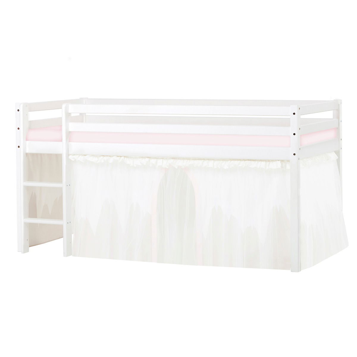 BUNDLE ECO Dream Halbhochbett 90x200 cm (nicht teilbar) mit WINTER WONDERLAND Vorhang mit Tüll und Schaummatratze