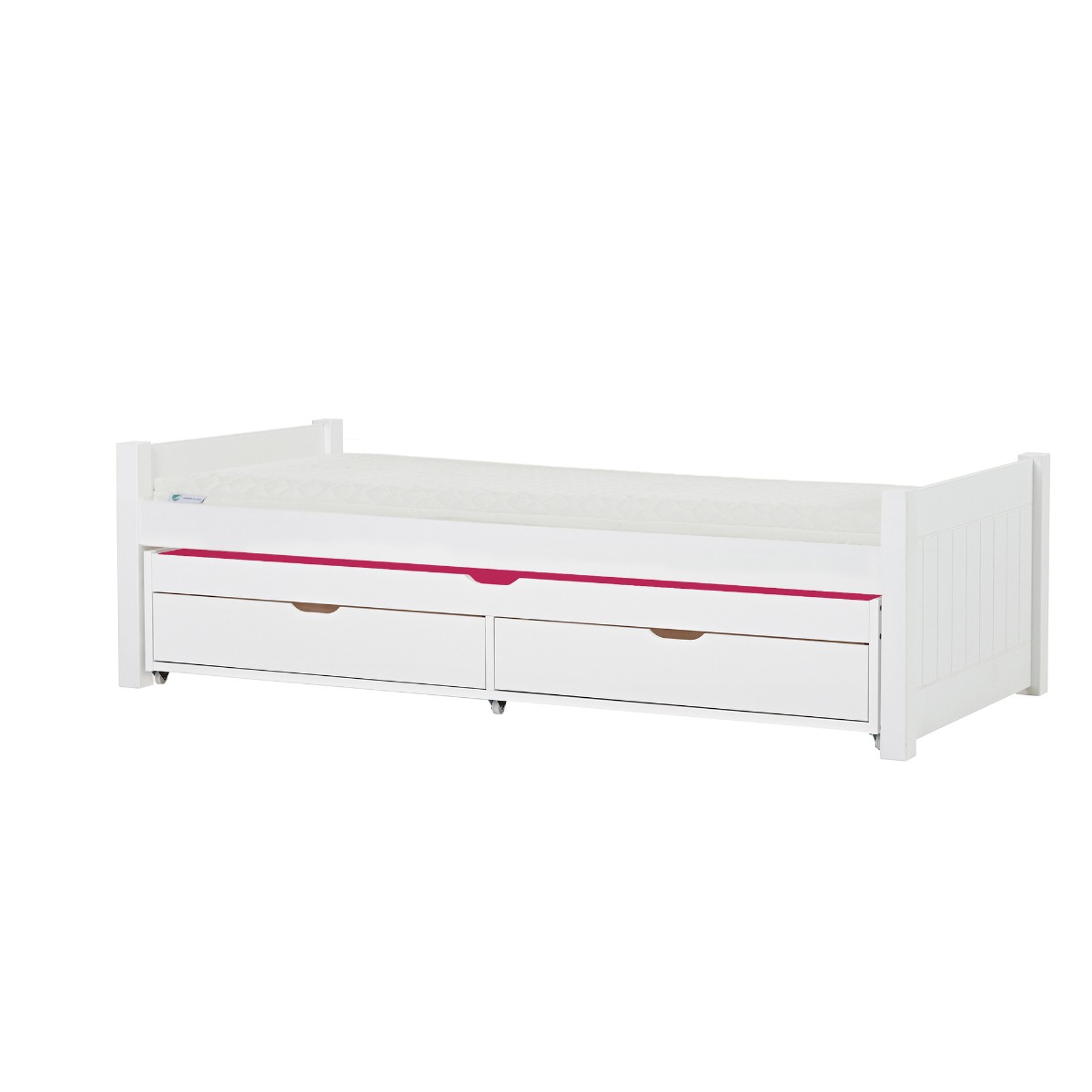 Hoppekids Noah Deluxe Bett 90x200 cm mit mittelhohen Giebeln Eco Luxury-Matratze und Auszieh-/Gästebett 90x190 cm - Matratzenbezugsfarbe: Pink