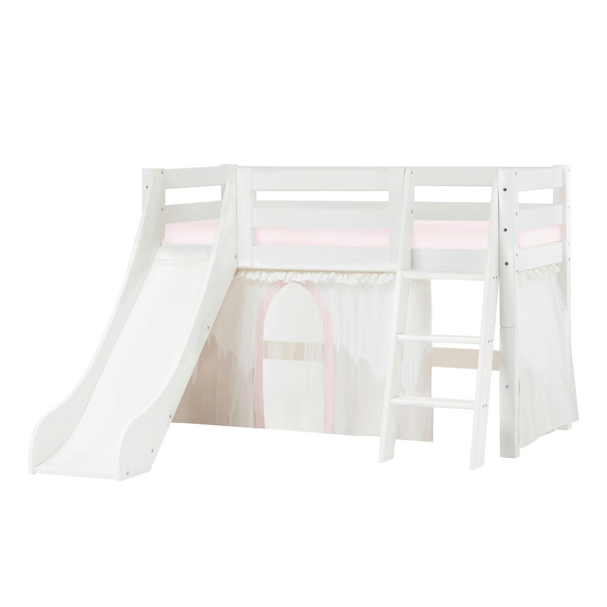 BUNDLE ECO Luxury Halbhochbett 70x160 cm mit schräger Leiter Rutsche mit WINTER WONDERLAND Vorhang und Schaummatratze