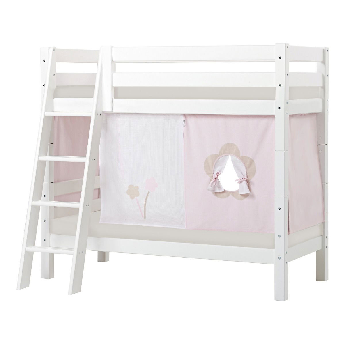 BUNDLE ECO Luxury Etagenbett 70x160 cm mit schräger Leiter mit FAIRYTALE FLOWER-Vorhang und Schaummatratze