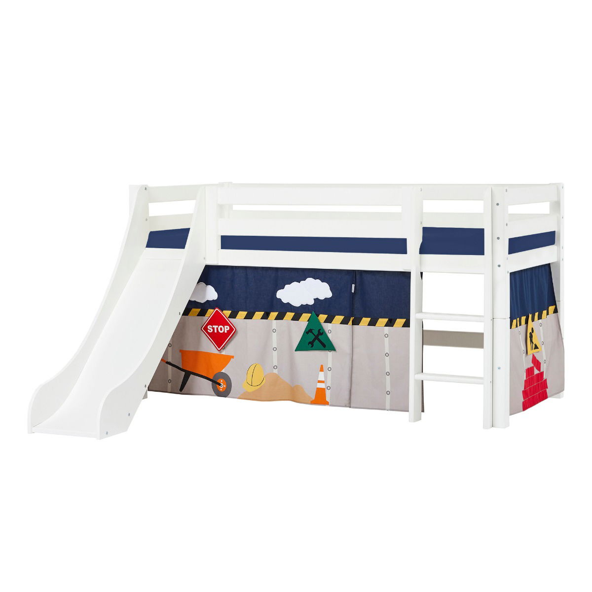 BUNDLE ECO Luxury Halbhochbett 90x200 cm mit Rutsche mit CONSTRUCTION-Vorhang und Kaltschaum-Matratze