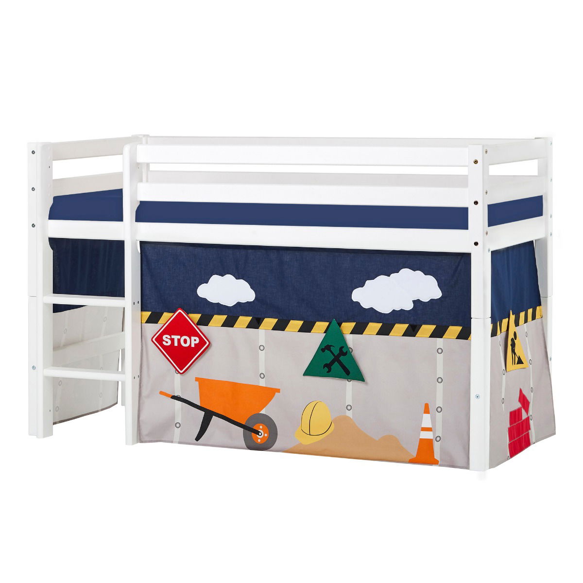 BUNDLE ECO Dream Halbhochbett 70x160 cm mit CONSTRUCTION Vorhang und Kaltschaum-Matratze