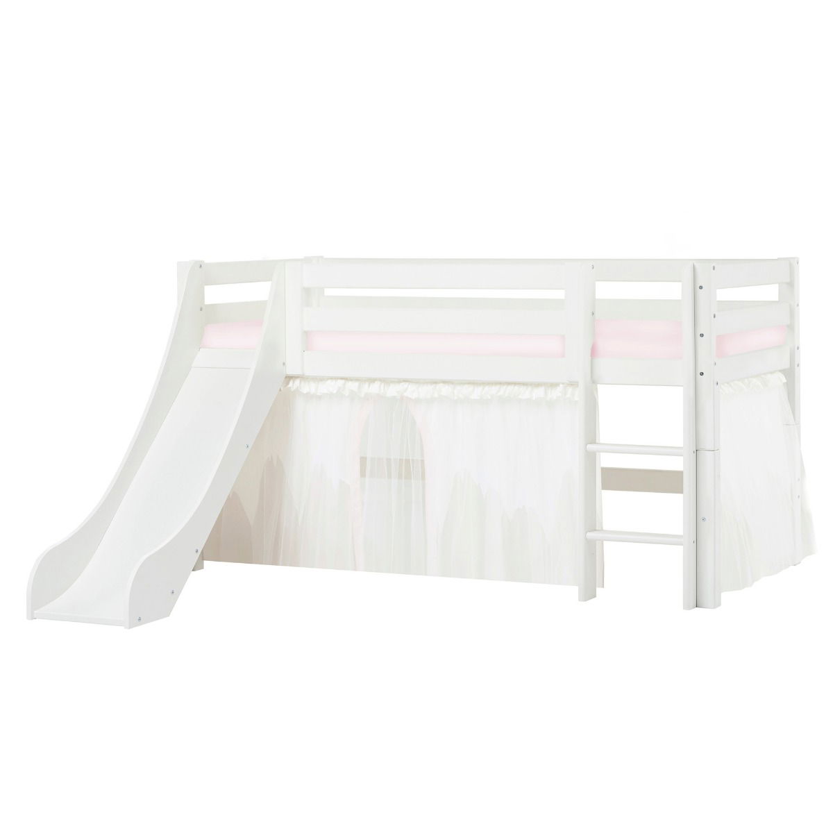 BUNDLE ECO Luxury Halbhochbett 90x200 cm mit Rutsche mit WINTER WONDERLAND Vorhang und Schaummatratze
