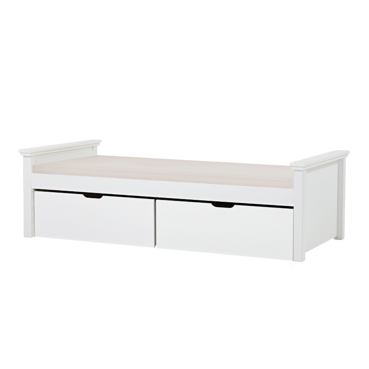 Hoppekids Maja Deluxe Bett 90x200 cm mit mittelhohen Giebeln Schaum-Matratze und zwei Schubkästen - Matratzenbezugsfarbe: Sand