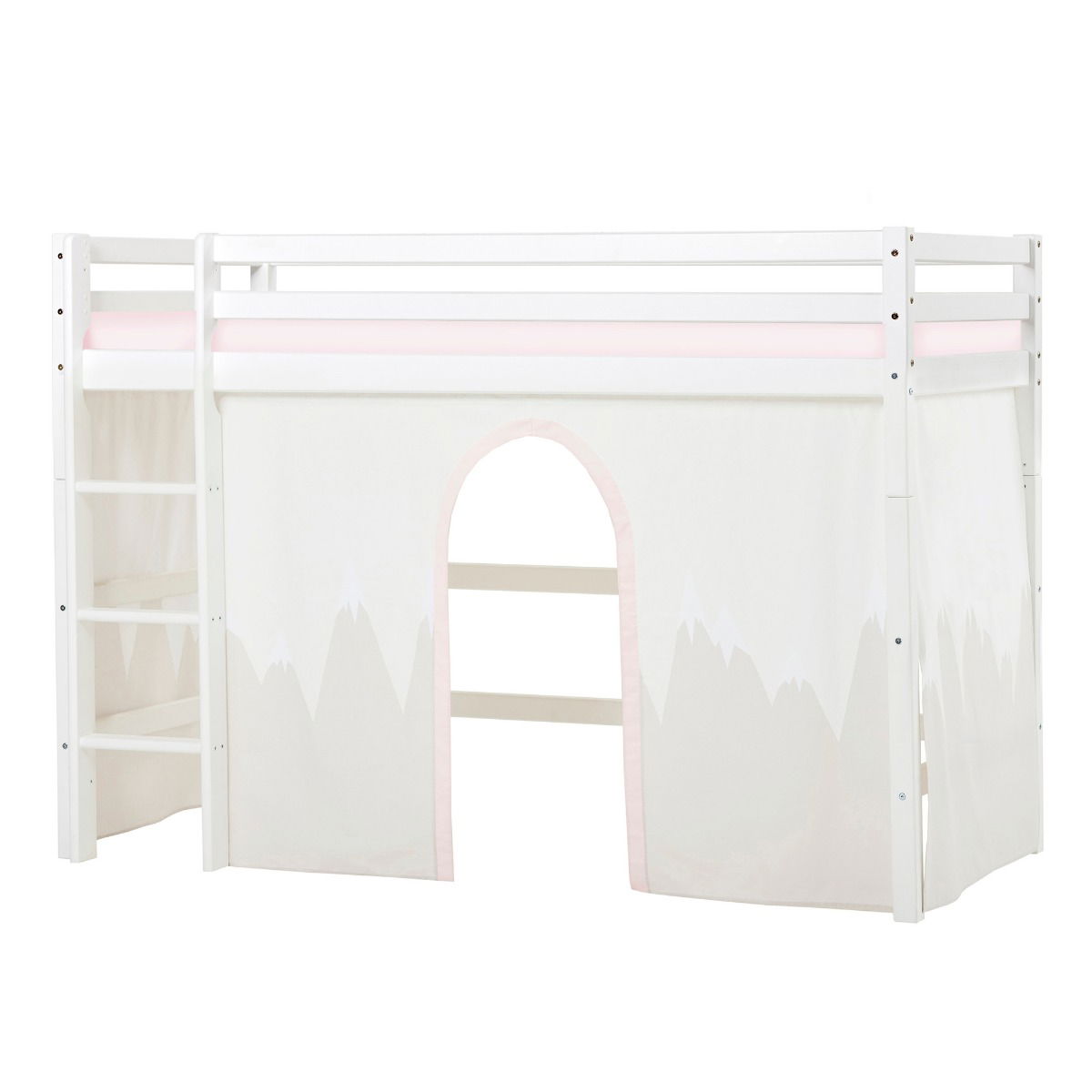 BUNDLE ECO Dream Mittel-Hochbett 90x200 cm mit WINTER WONDERLAND Vorhang und Schaummatratze