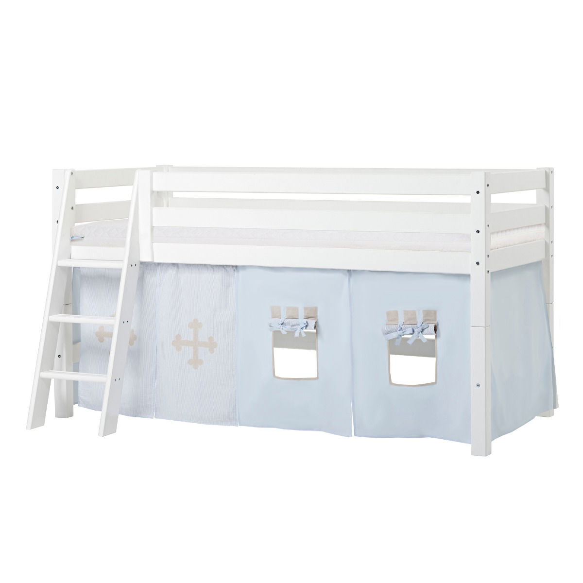 BUNDLE ECO Luxury Halbhochbett 90x200 cm mit schräger Leiter mit FAIRYTALE KNIGHT-Vorhang und ECO Luxury Matratze