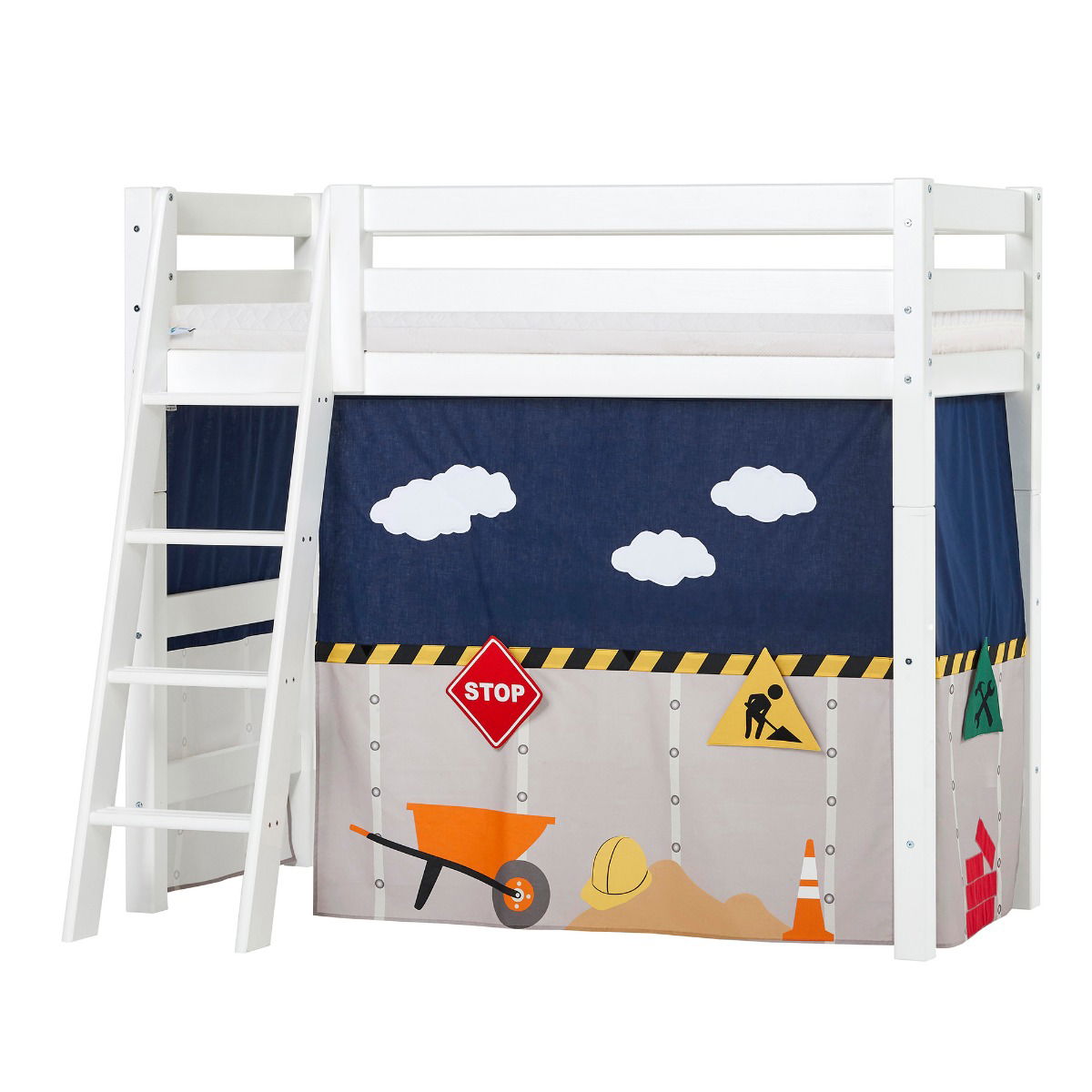 BUNDLE ECO Luxury Mittel-Hochbett 70x160 cm mit schräger Leiter mit CONSTRUCTION-Vorhang und ECO Luxury Matratze
