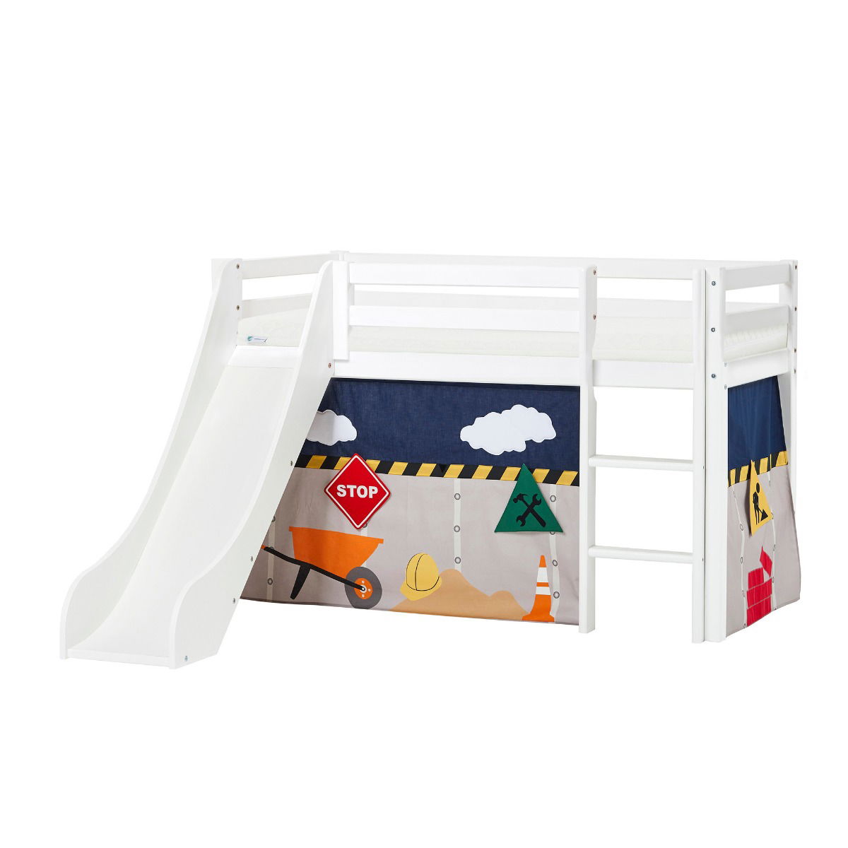 BUNDLE ECO Dream Halbhochbett 70x160 cm (nicht teilbar) mit Rutsche mit CONSTRUCTION Vorhang und ECO Dream-Matratze