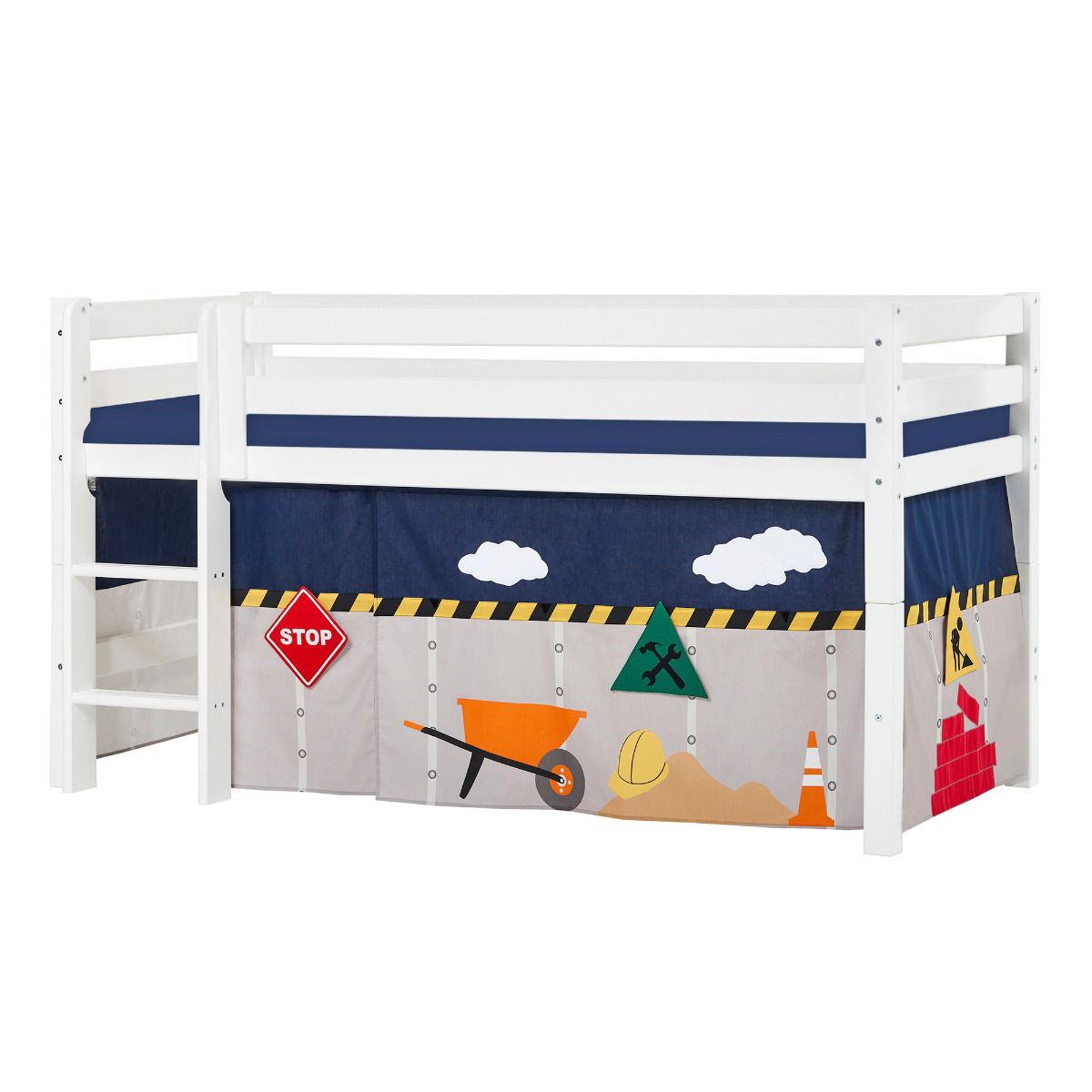 BUNDLE ECO Luxury Halbhochbett 90x200 cm mit CONSTRUCTION-Vorhang und Kaltschaum-Matratze