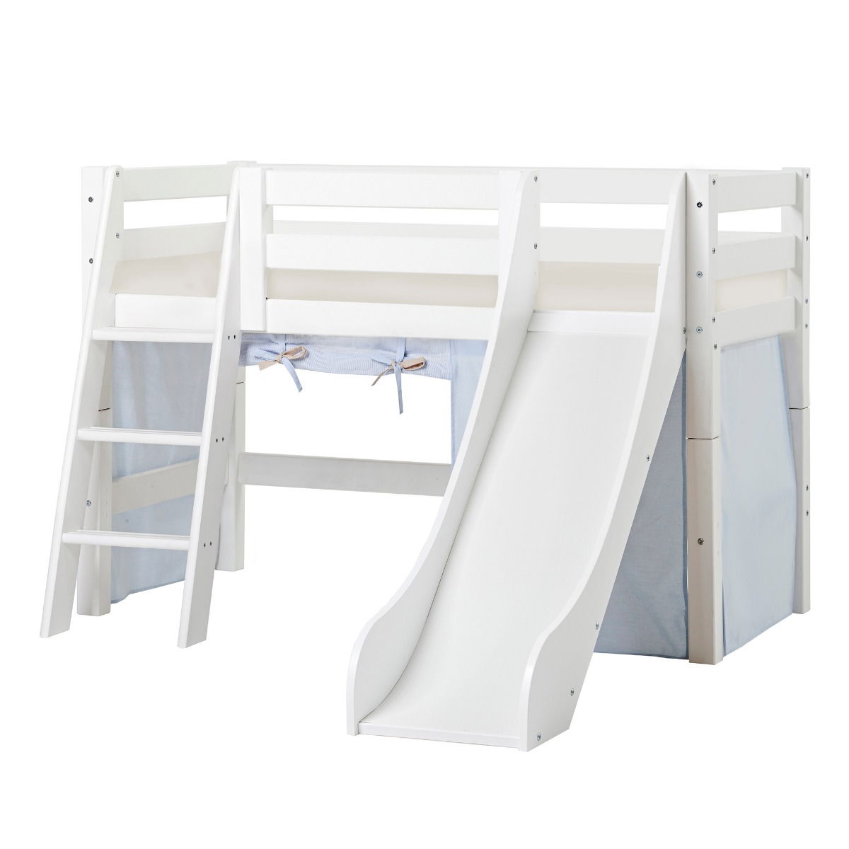 BUNDLE ECO Luxury Halbhochbett 70x160 cm mit schräger Leiter Rutsche mit FAIRYTALE KNIGHT-Vorhang und Kaltschaum-Matratze
