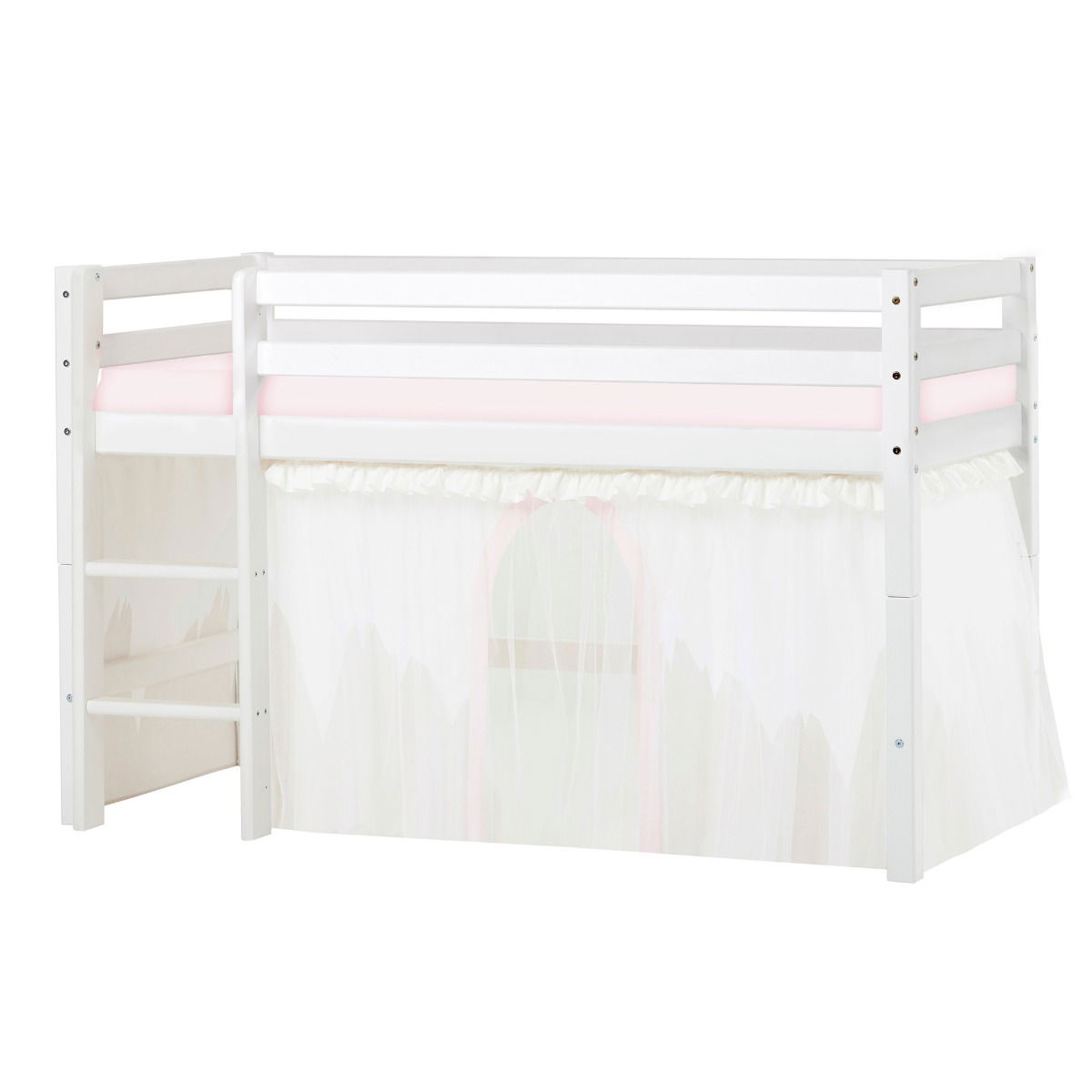 BUNDLE ECO Dream Halbhochbett 70x160 cm mit WINTER WONDERLAND Vorhang mit Tüll und Kaltschaum-Matratze