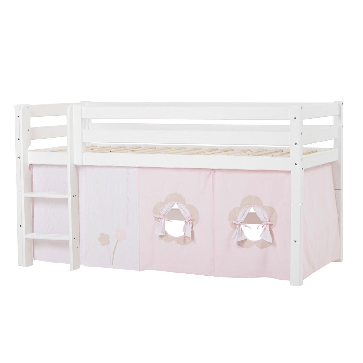 BUNDLE ECO Luxury Halbhochbett 90x200 cm mit gerader Leiter und FAIRYTALE FLOWER-Vorhang