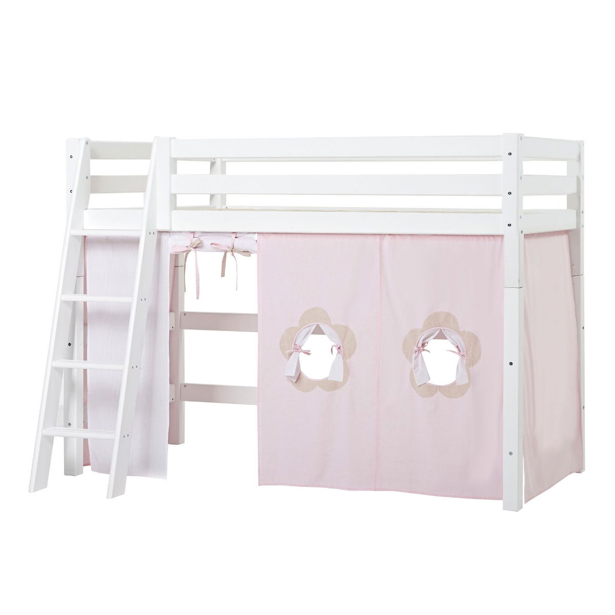 BUNDLE ECO Luxury Mittel-Hochbett 90x200 cm mit schräger Leiter und FAIRYTALE FLOWER-Vorhang