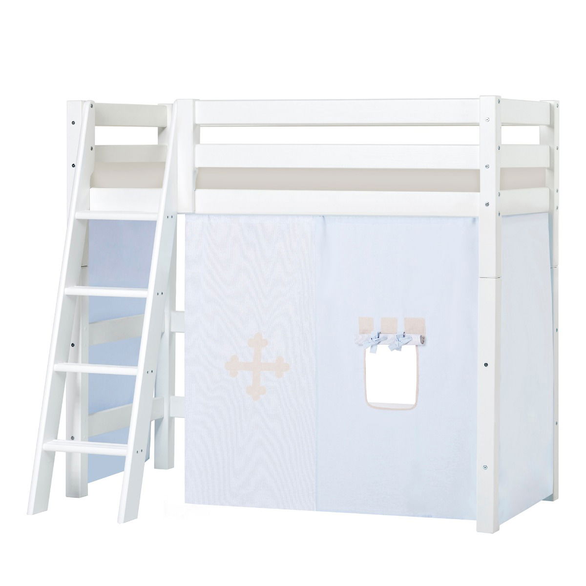 BUNDLE ECO Luxury Mittel-Hochbett 70x160 cm mit schräger Leiter mit FAIRYTALE KNIGHT-Vorhang und Schaummatratze