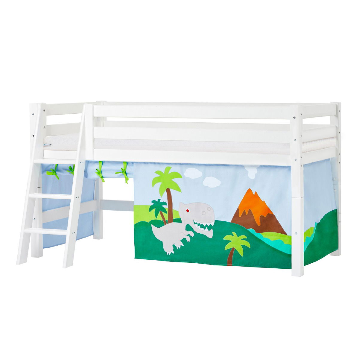 BUNDLE ECO Luxury Halbhochbett 90x200 cm mit schräger Leiter mit DINOSAUR-Vorhang und ECO Luxury Matratze