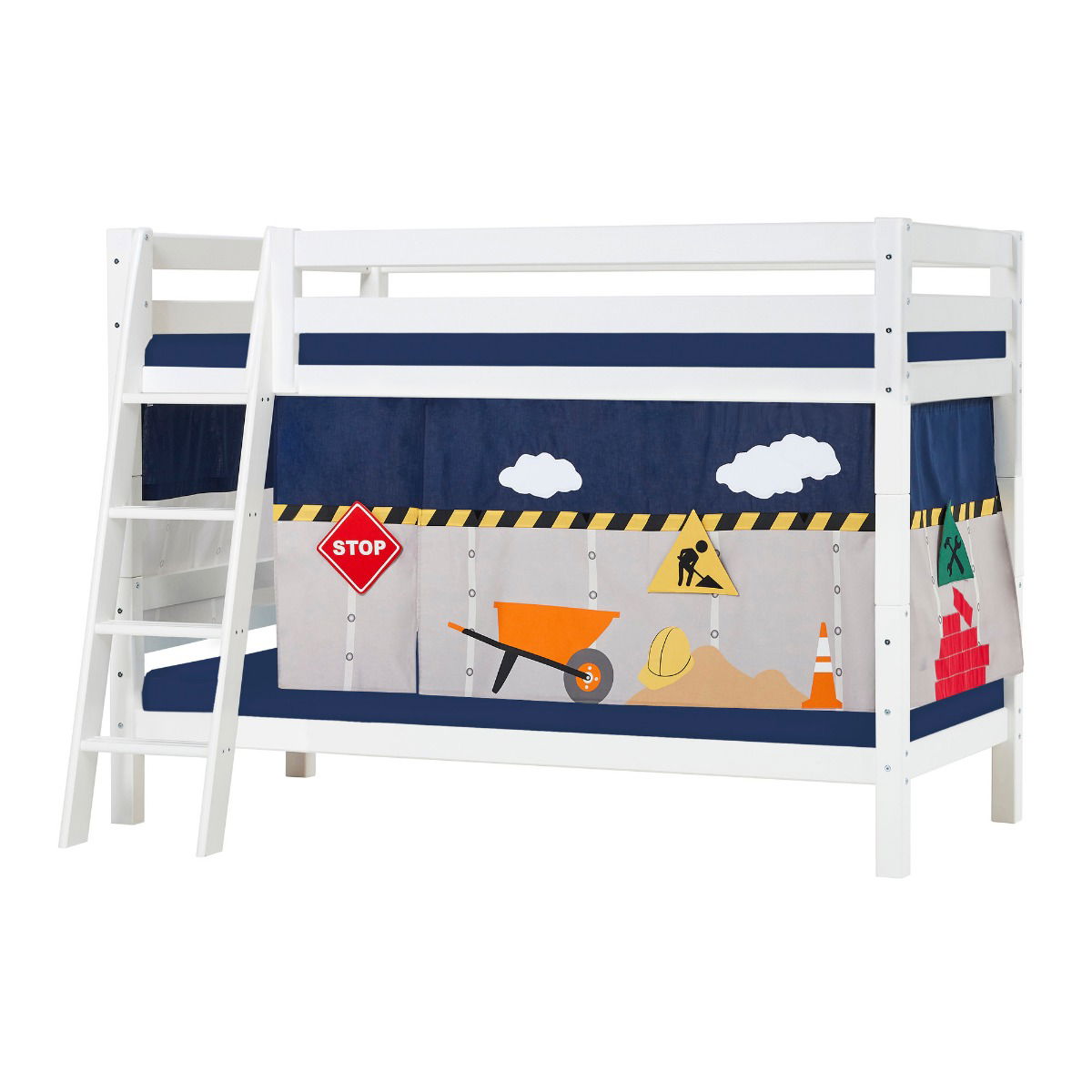 BUNDLE ECO Luxury Etagenbett 90x200 cm mit schräger Leiter mit CONSTRUCTION-Vorhang und Schaummatratze