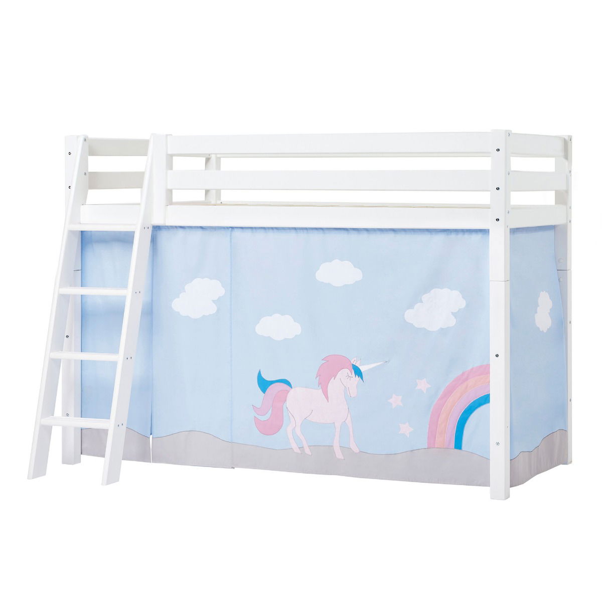 BUNDLE ECO Luxury Mittel-Hochbett 90x200 cm mit schräger Leiter und UNICORN-Vorhang