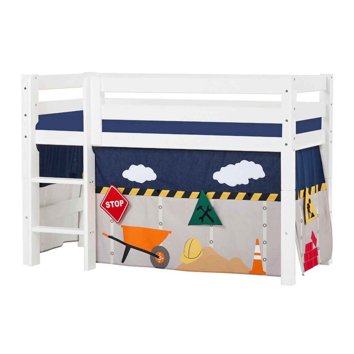 BUNDLE ECO Luxury Halbhochbett 70x160 cm mit CONSTRUCTION-Vorhang und Schaummatratze