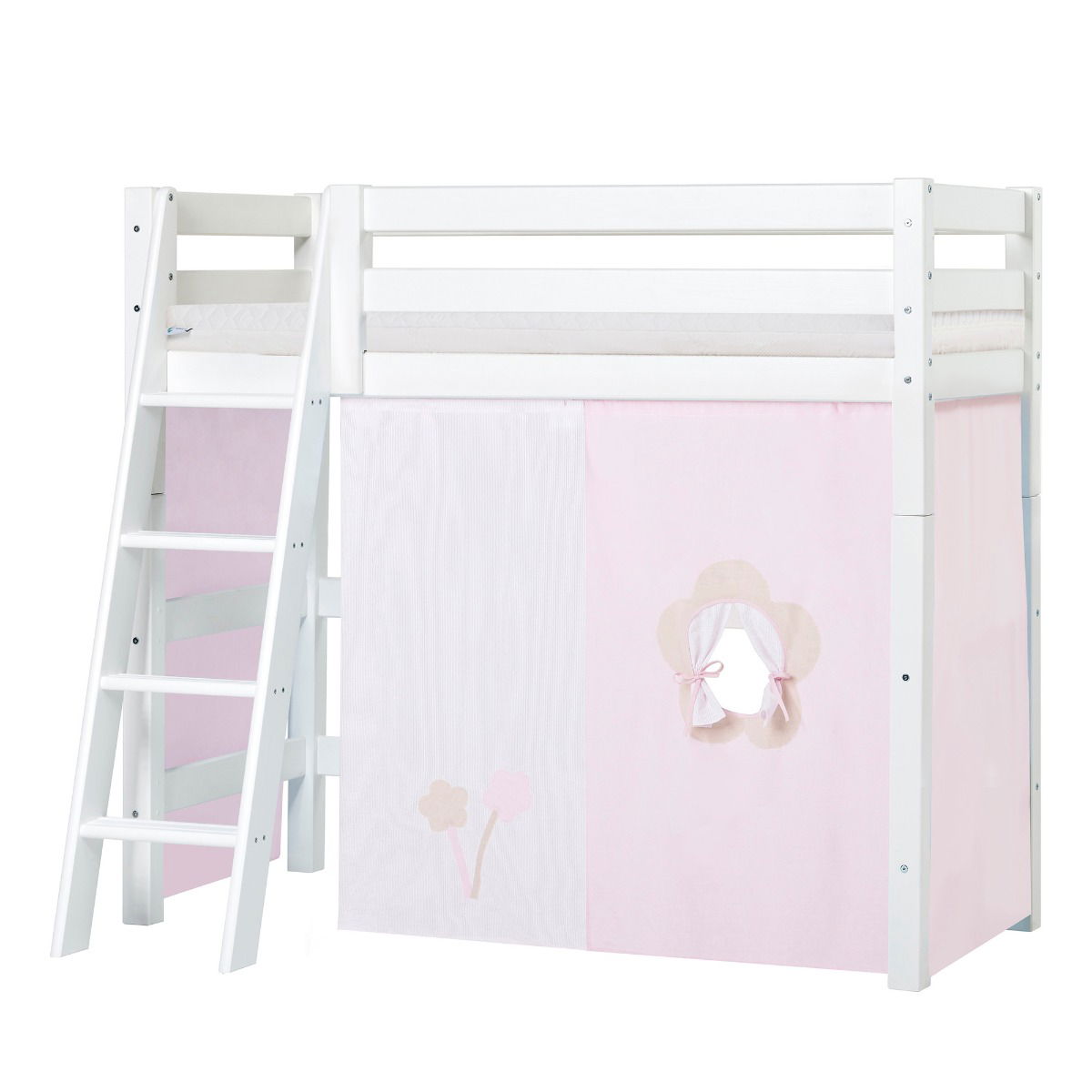 BUNDLE ECO Luxury Mittel-Hochbett 70x160 cm mit schräger Leiter mit FAIRYTALE FLOWER-Vorhang und ECO Luxury Matratze