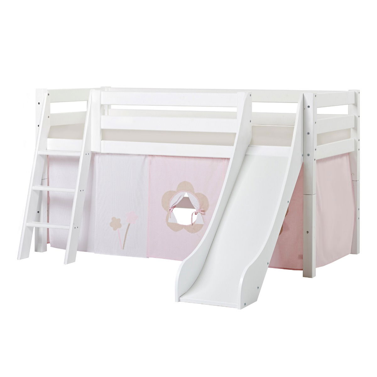 BUNDLE ECO Luxury Halbhochbett 90x200 cm mit schräger Leiter Rutsche mit FAIRYTALE FLOWER-Vorhang und Schaummatratze