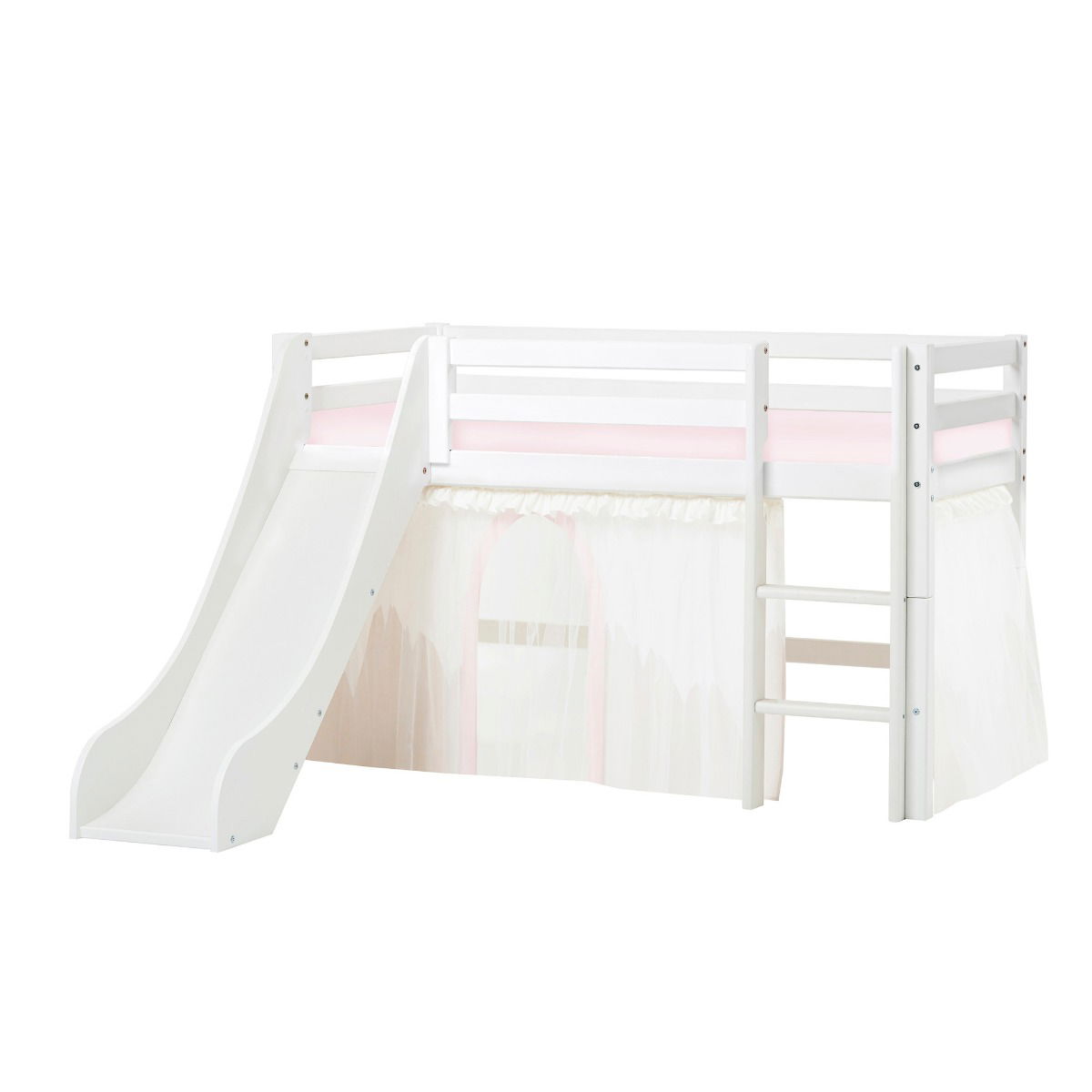 BUNDLE ECO Dream Halbhochbett 70x160 cm mit Rutsche mit WINTER WONDERLAND Vorhang mit Tüll und Schaummatratze