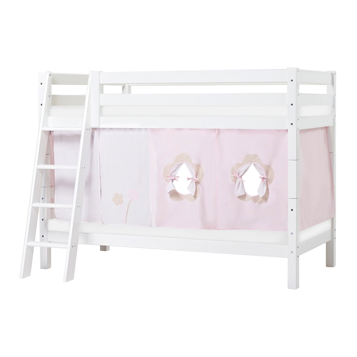 BUNDLE ECO Luxury Etagenbett 90x200 cm mit schräger Leiter mit FAIRYTALE FLOWER-Vorhang und ECO Luxury Matratze