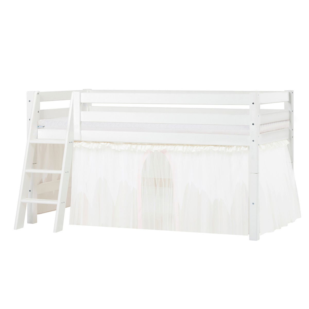 BUNDLE ECO Luxury Halbhochbett 90x200 cm mit schräger Leiter mit WINTER WONDERLAND Vorhang und ECO Luxury Matratze