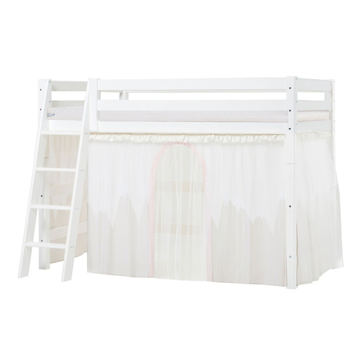BUNDLE ECO Luxury Mittel-Hochbett 90x200 cm mit schräger Leiter mit WINTER WONDERLAND Vorhang und ECO Luxury Matratze