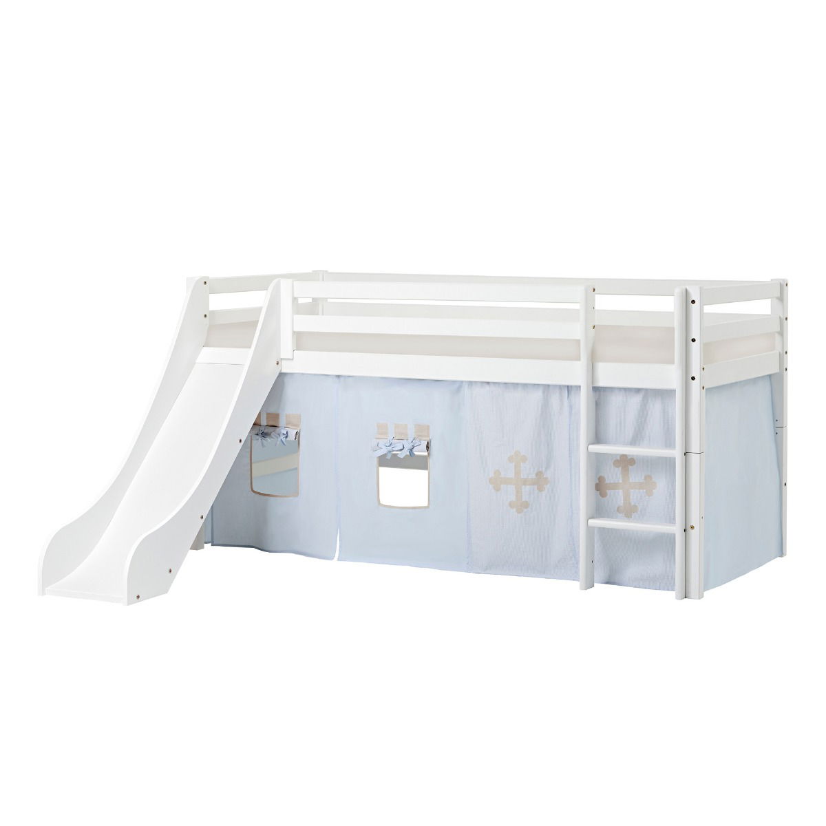 BUNDLE ECO Dream Halbhochbett 90x200 cm mit Rutsche mit FAIRYTALE KNIGHT Vorhang und Schaummatratze
