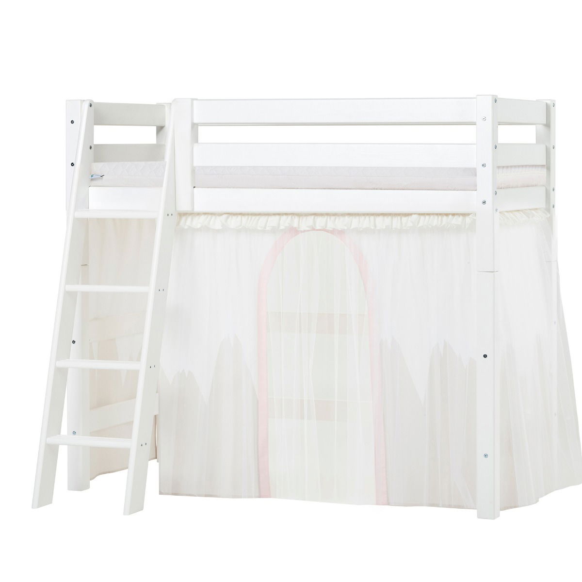 BUNDLE ECO Luxury Mittel-Hochbett 70x160 cm mit schräger Leiter mit WINTER WONDERLAND Vorhang und ECO Luxury Matratze