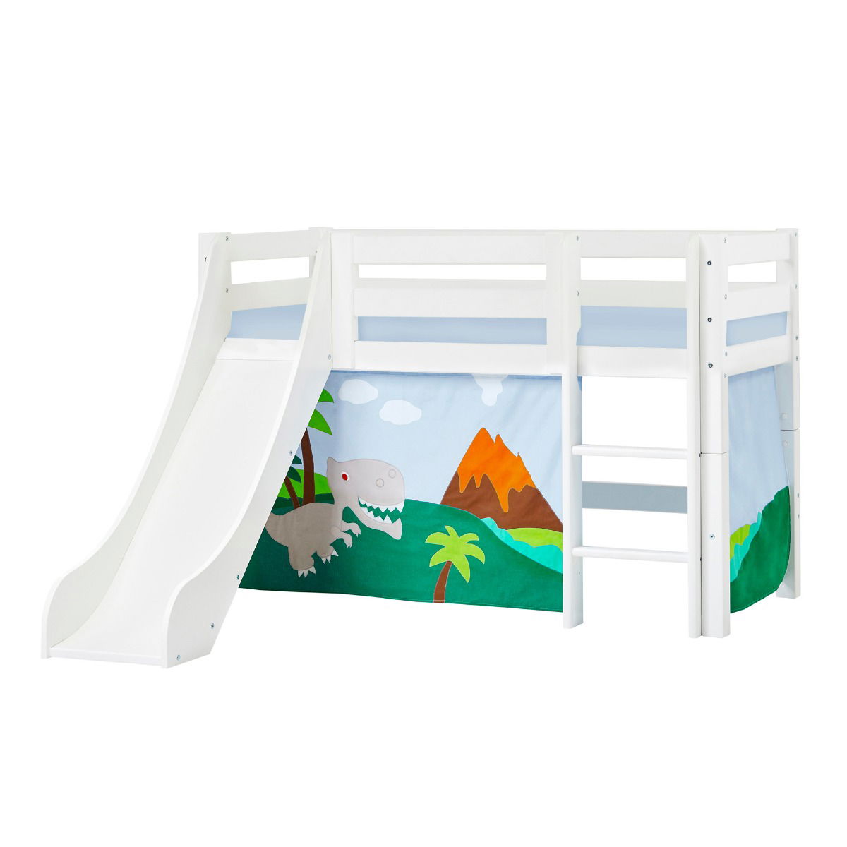 BUNDLE ECO Luxury Halbhochbett 70x160 cm mit Rutsche mit DINOSAUR-Vorhang und Schaummatratze