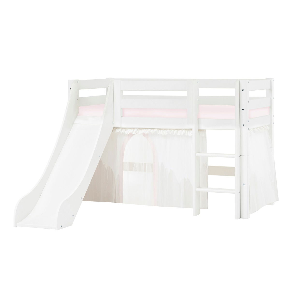 BUNDLE ECO Luxury Halbhochbett 70x160 cm mit Rutsche mit WINTER WONDERLAND Vorhang und Kaltschaum-Matratze