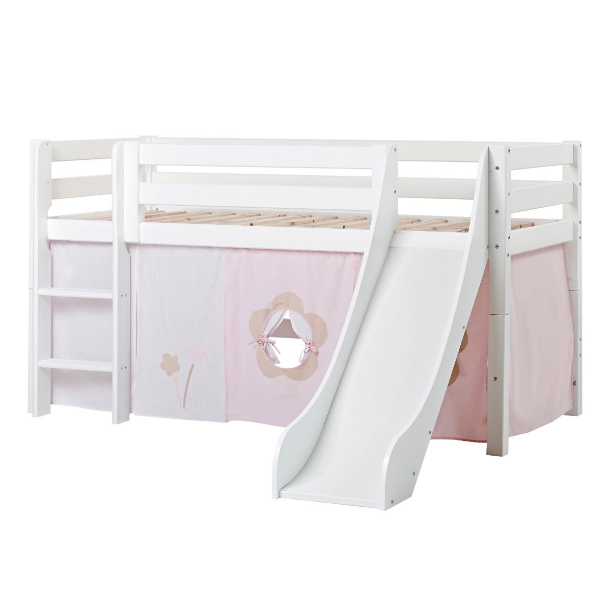 BUNDLE ECO Luxury Halbhochbett 90x200 cm mit Rutsche und mit FAIRYTALE FLOWER-Vorhang