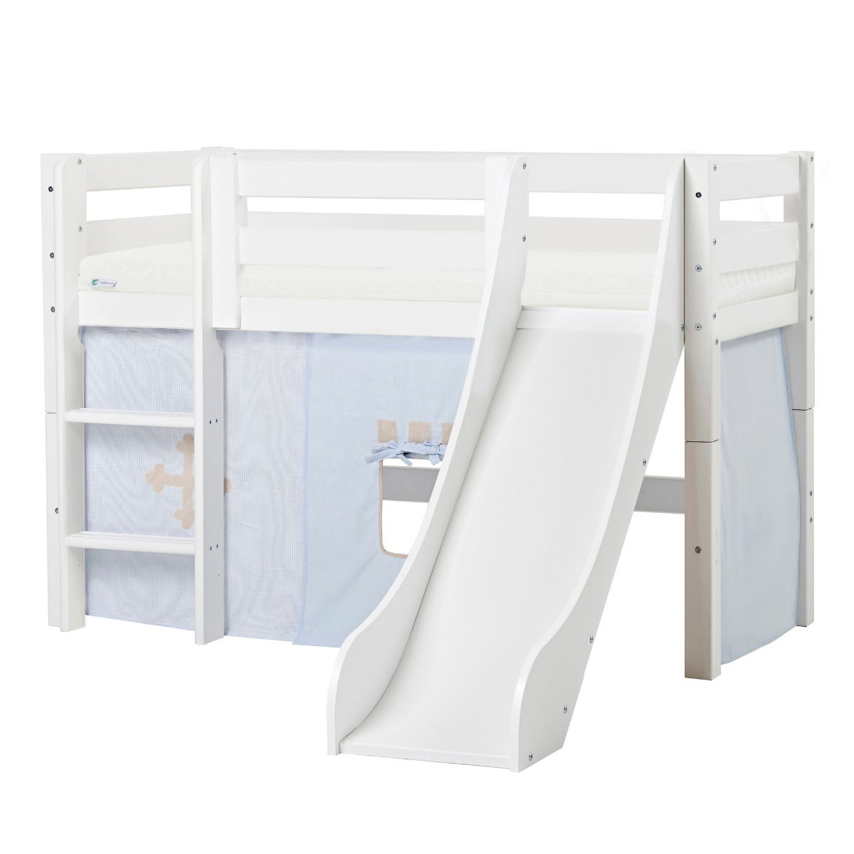BUNDLE ECO Luxury Halbhochbett 70x160 cm mit Rutsche mit FAIRYTALE KNIGHT-Vorhang und ECO Luxury Matratze