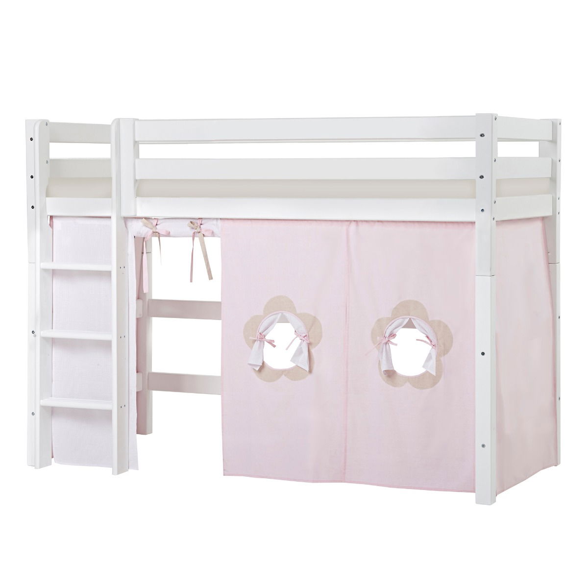 BUNDLE ECO Luxury Mittel-Hochbett 90x200 cm mit FAIRYTALE FLOWER-Vorhang und Kaltschaum-Matratze