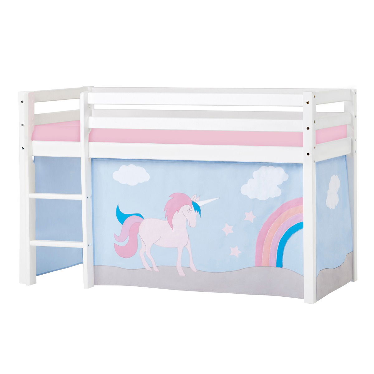 BUNDLE ECO Dream Halbhochbett 70x160 cm (nicht teilbar) mit UNICORN Vorhang und Schaummatratze