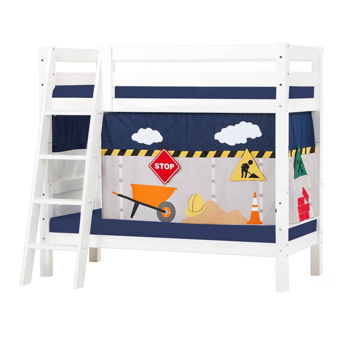 BUNDLE ECO Luxury Etagenbett 70x160 cm mit schräger Leiter mit CONSTRUCTION-Vorhang und Schaummatratze