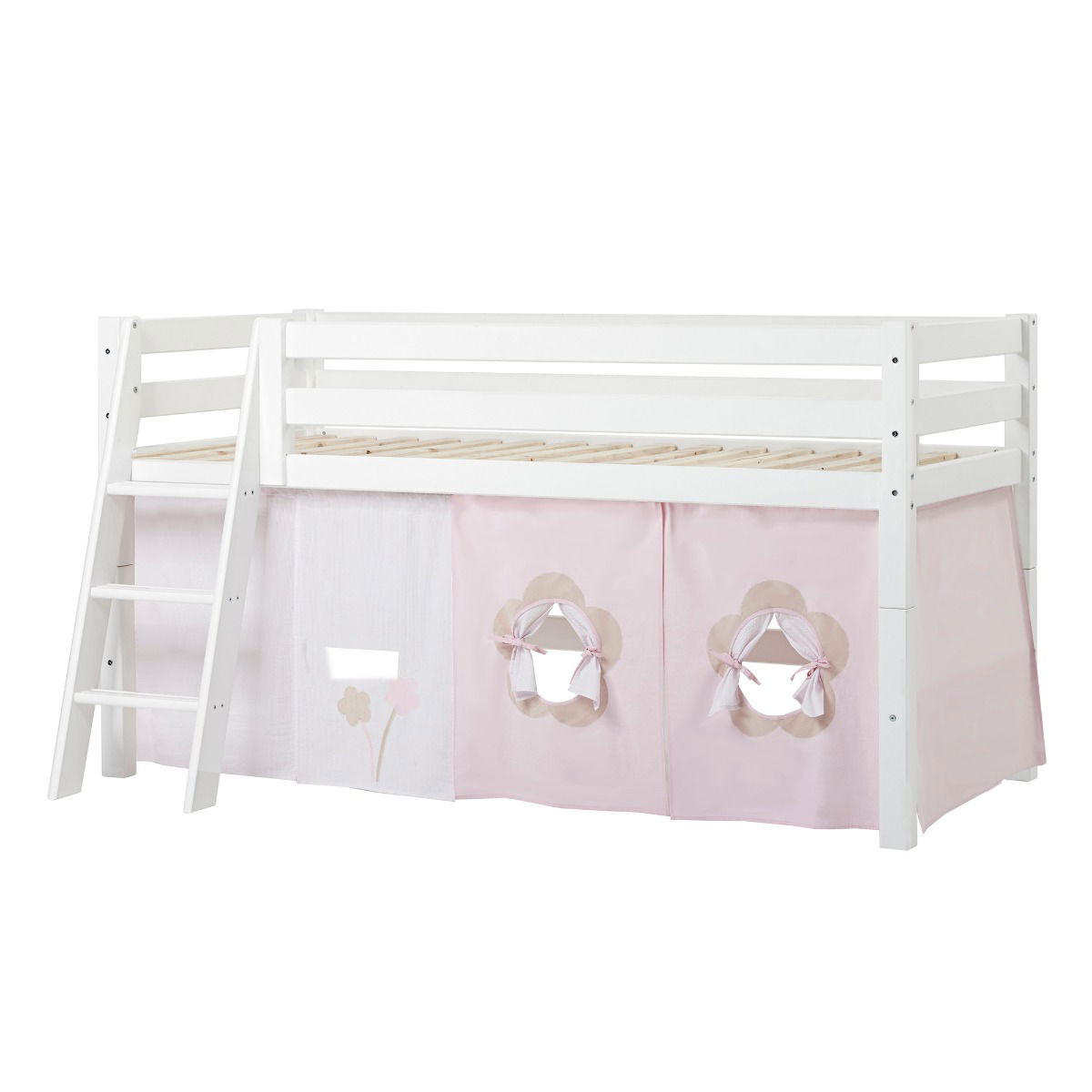 BUNDLE ECO Luxury Halbhochbett 90x200 cm mit schräger Leiter und mit FAIRYTALE FLOWER-Vorhang