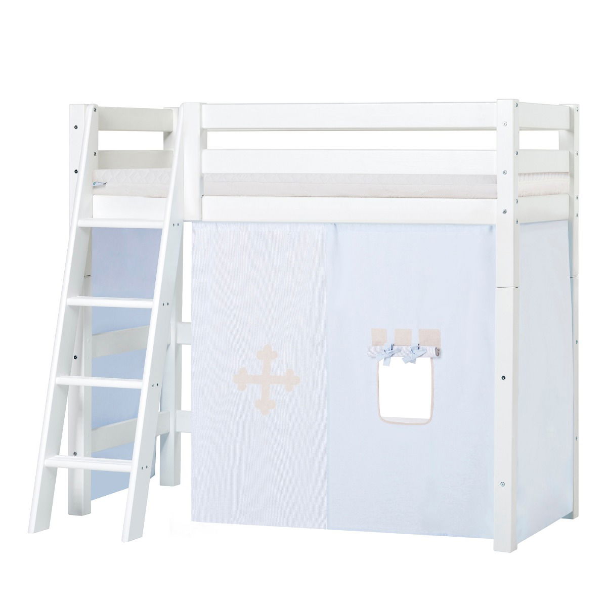 BUNDLE ECO Luxury Mittel-Hochbett 70x160 cm mit schräger Leiter mit FAIRYTALE KNIGHT-Vorhang und ECO Luxury Matratze