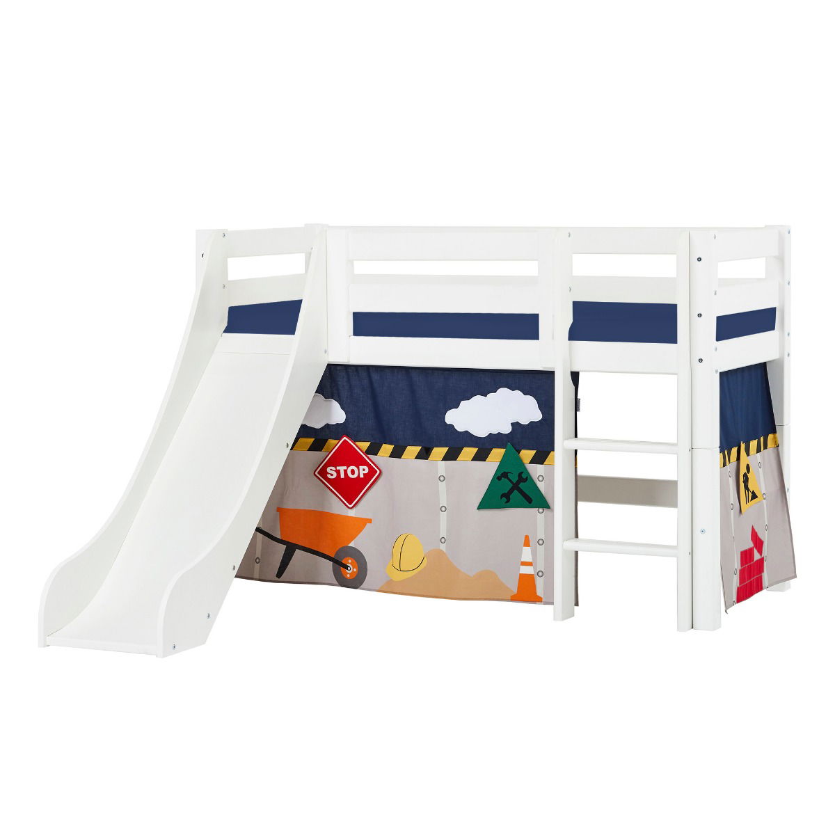 BUNDLE ECO Luxury Halbhochbett 70x160 cm mit Rutsche mit CONSTRUCTION-Vorhang und Schaummatratze