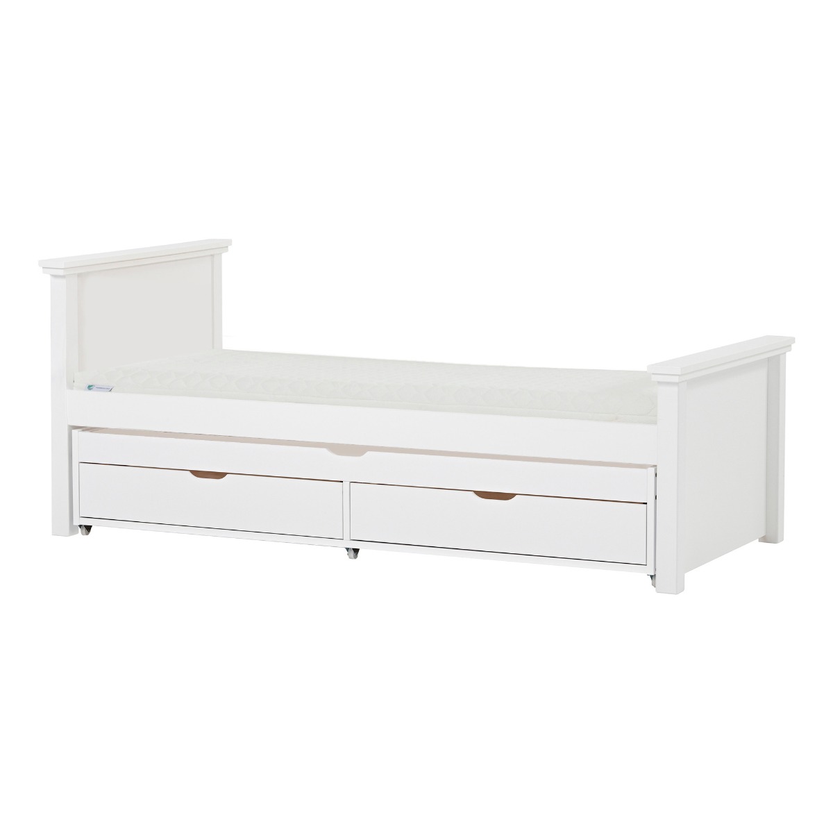 Hoppekids Maja Deluxe Bett 90x200 cm mit hohem und mittelhohem Giebel Eco Luxury-Matratze und Auszieh-/Gästebett 90x190 cm - Matratzenbezugsfarbe: Sand